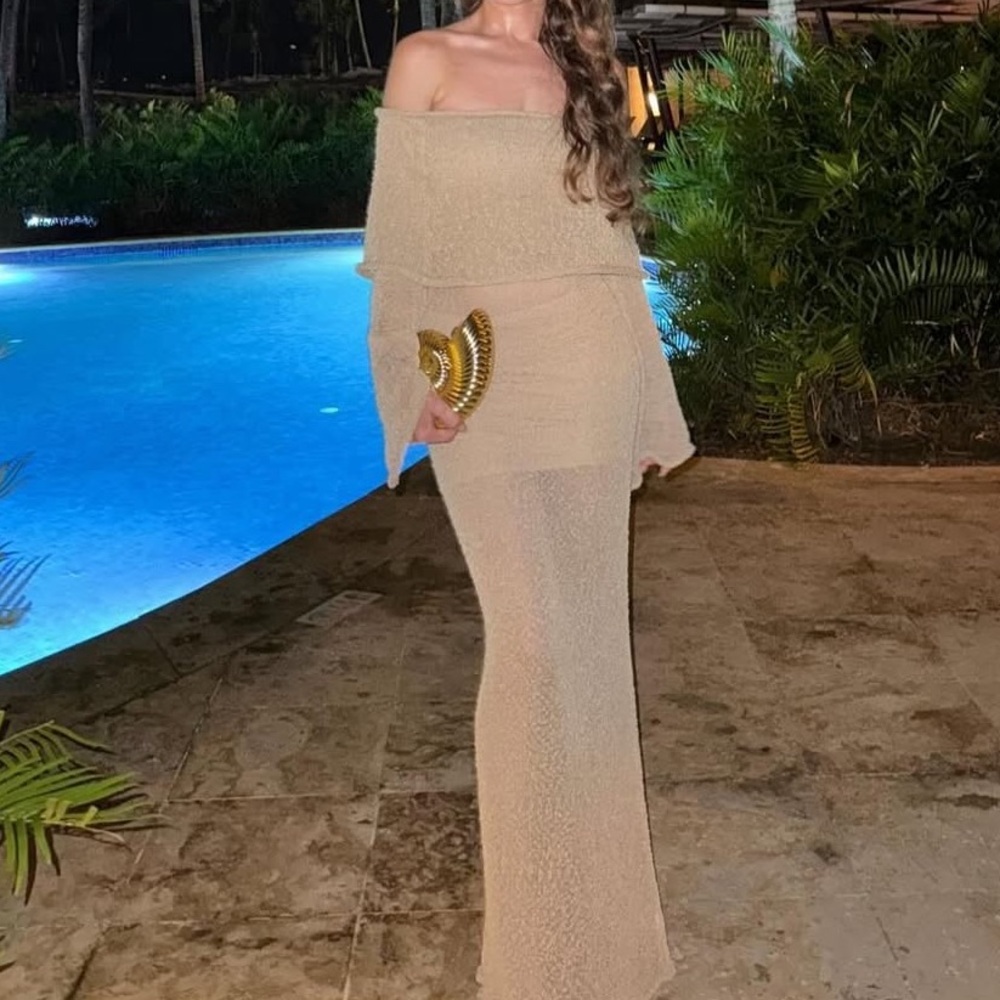 Elegant Tan Off-Shoulder Dress